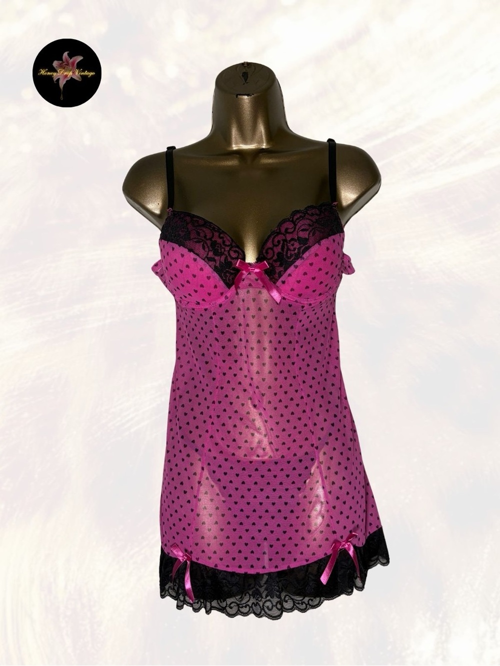 Per Lei Hot Pink Heart Mesh Babydoll & Thong Set Y2K Lingerie